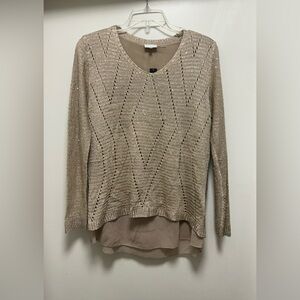 🟢Sioni Gold Vneck Open Knit Zip Up Back Long Sleeve Pullover Sweater NWT🟢